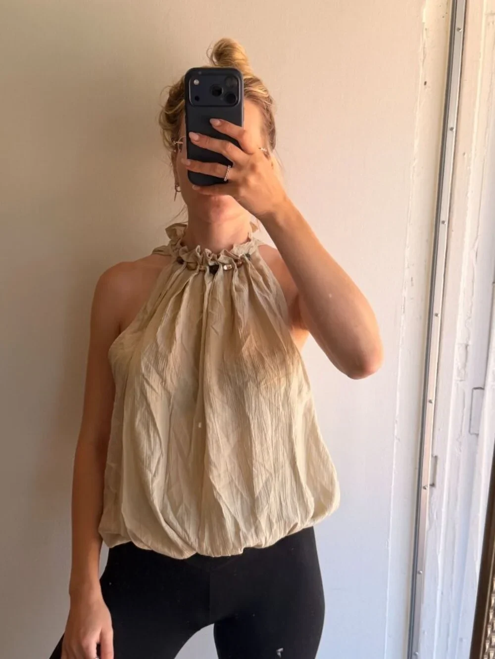 zara high neck tan neutral blouse beaded small fall officecore